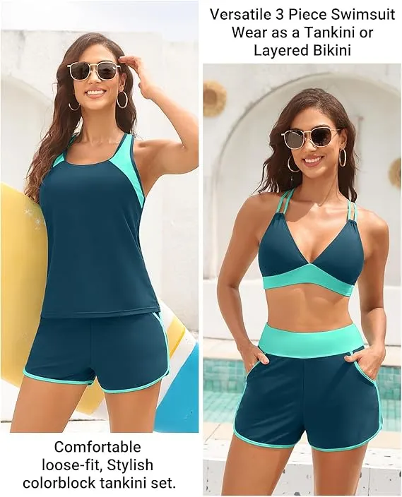 Sporty Tummy Control 3 Piece Tankini Set with Pockets