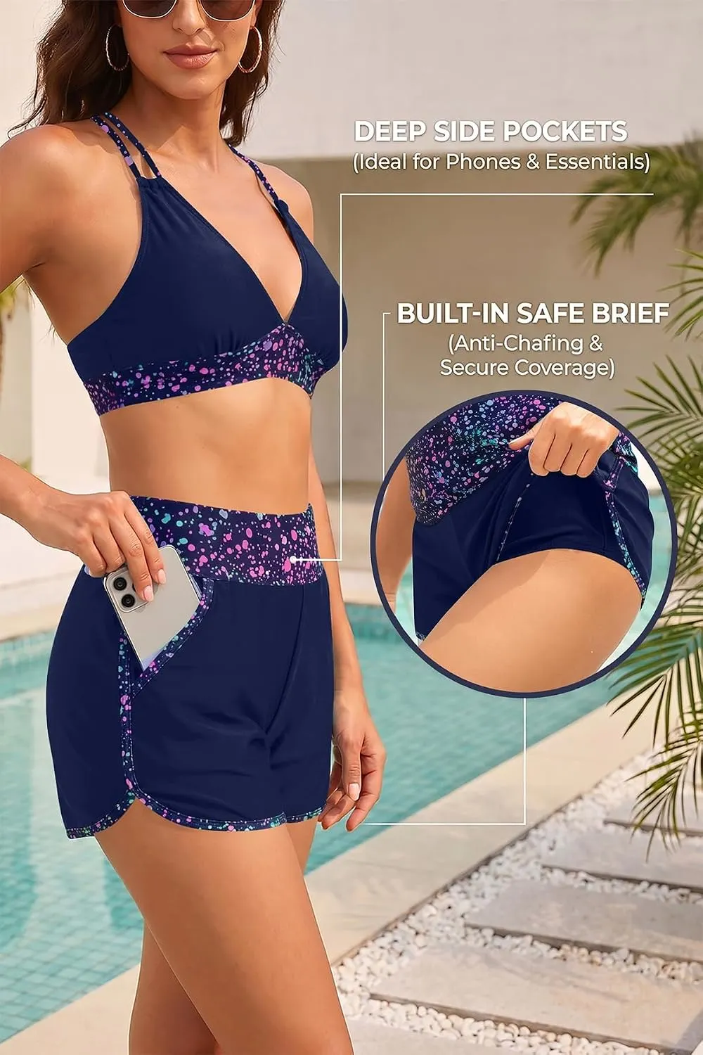 Sporty Tummy Control 3 Piece Tankini Set with Pockets