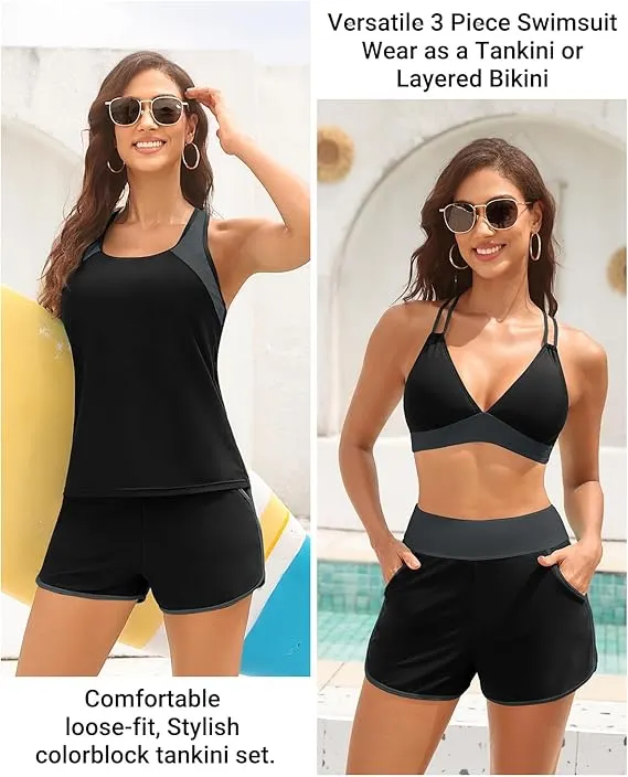 Sporty Tummy Control 3 Piece Tankini Set with Pockets