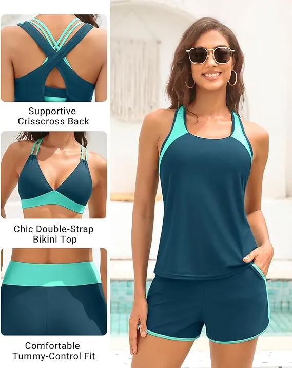 Sporty Tummy Control 3 Piece Tankini Set with Pockets
