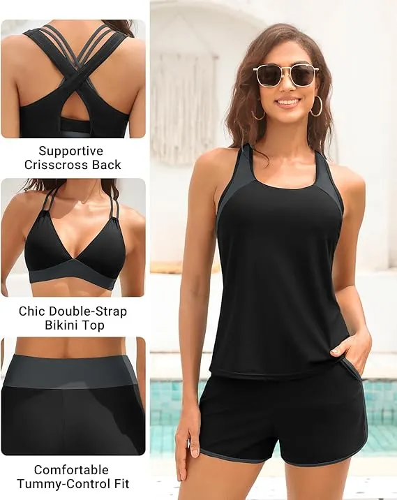 Sporty Tummy Control 3 Piece Tankini Set with Pockets