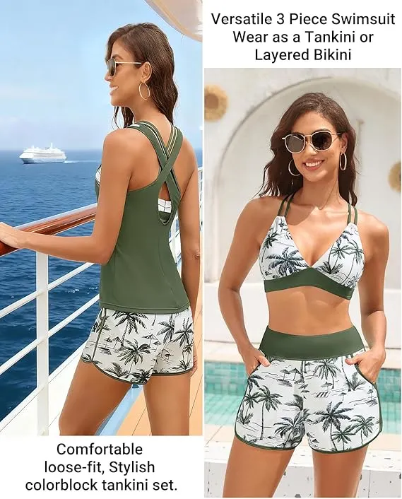 Sporty Tummy Control 3 Piece Tankini Set with Pockets