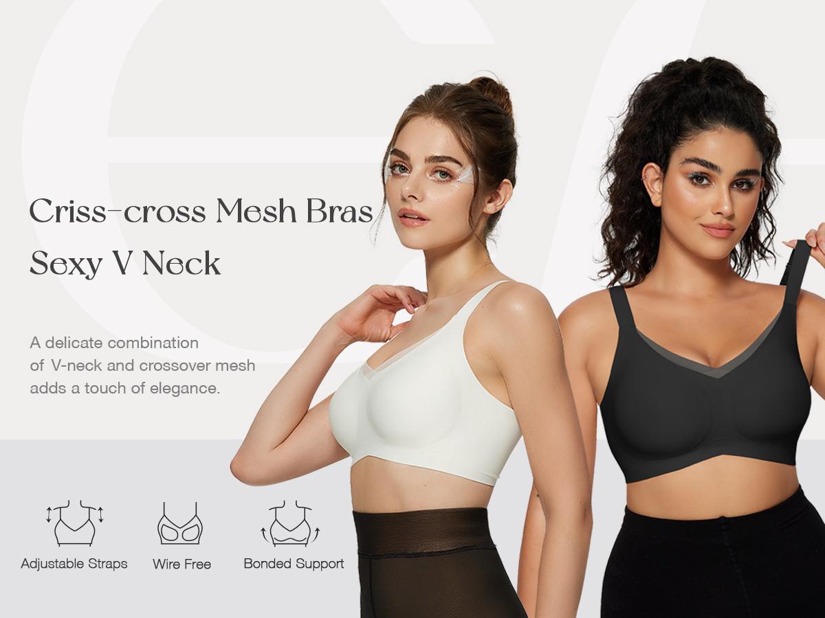 OEAK Women Jelly Bras Wireless V Neck Crossover Mesh Bras Comfortable Bralette Tshirt Bra No Underwire Seamless Everyday Bras