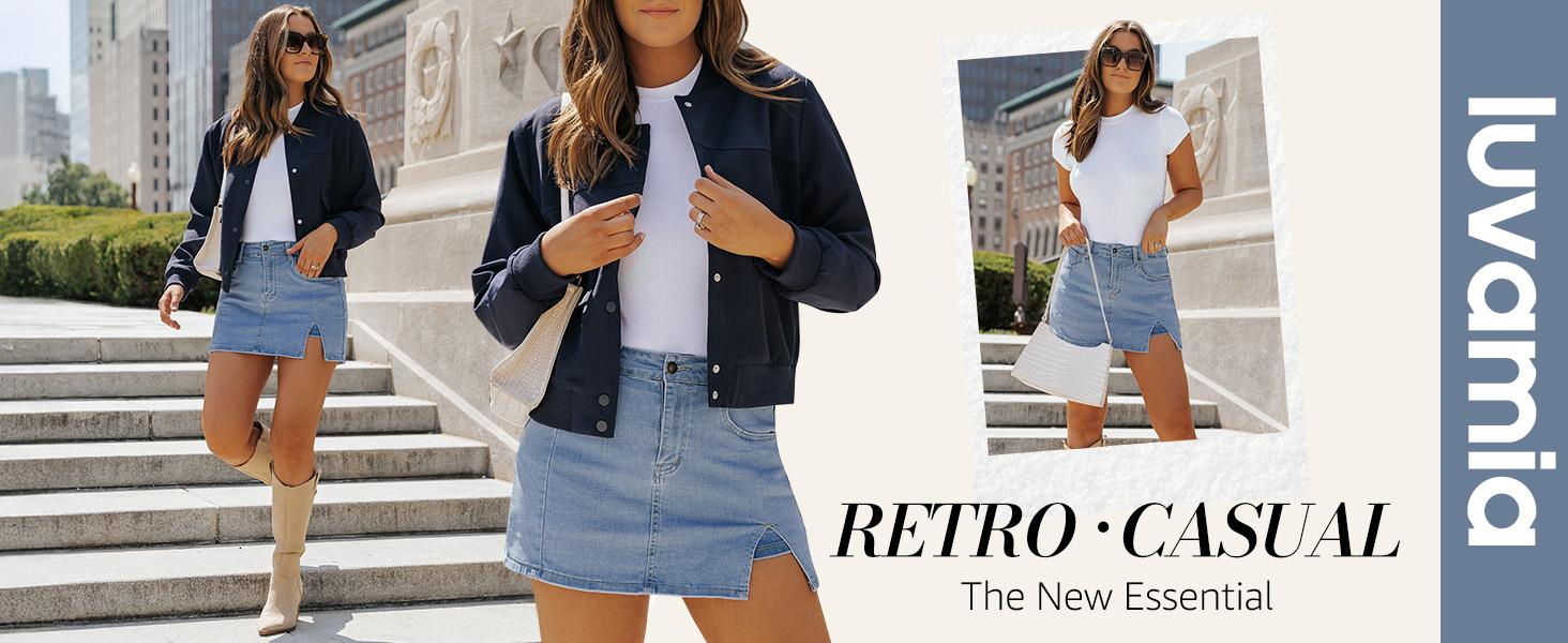 luvamia Skorts Skirts for Women Denim Mini Casual Oversize Skirt Side Slit with High Waisted Jean Shorts Stretchy