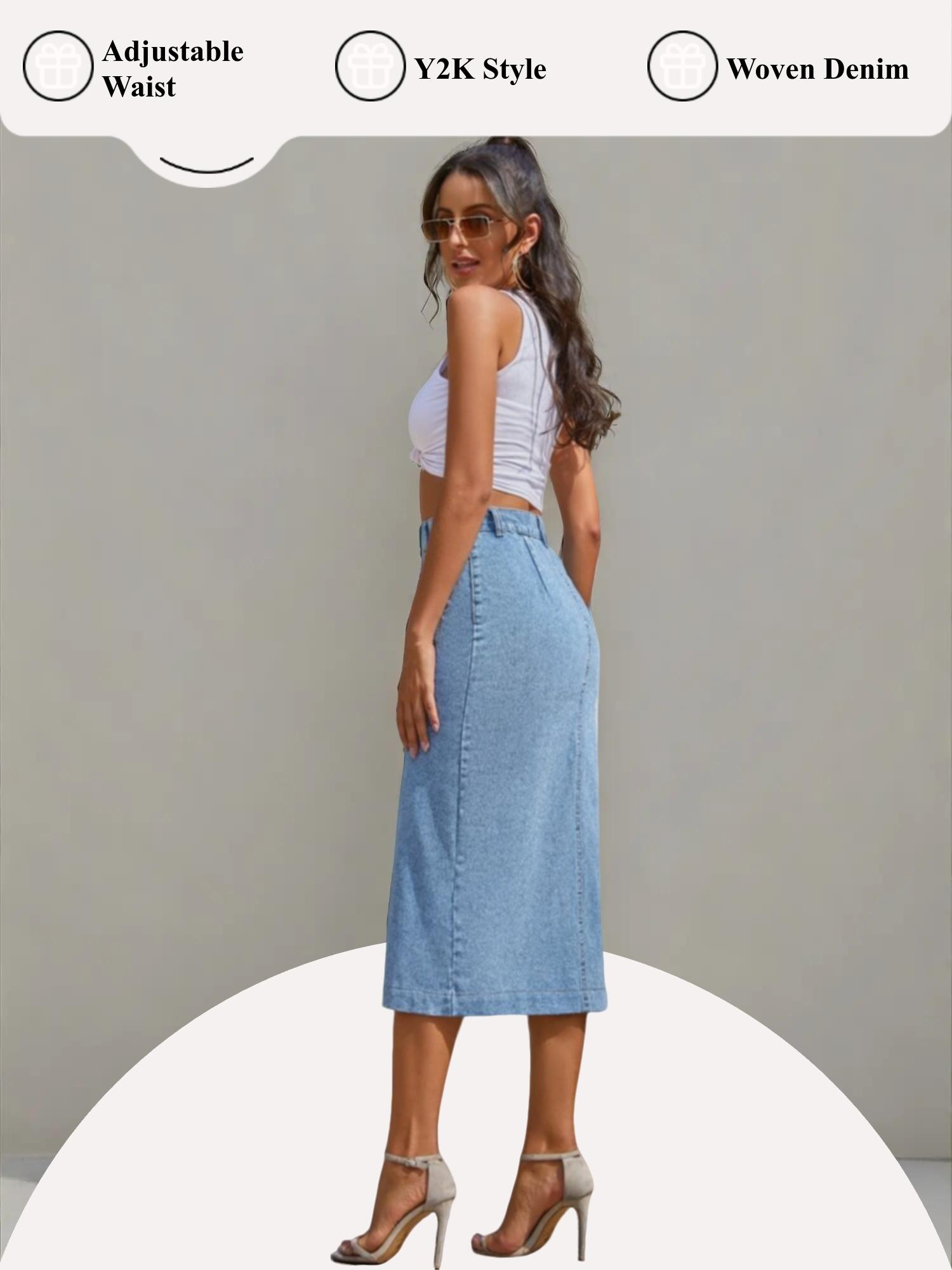 OBlue Jeans Women's  Button Front Light Wash Denim Split Hem Skirt, Casual Fashion Fitted Skirt for Daily Wear, Ladies Bottoms for All Seasons, Button Fly Skirt, T-Chic