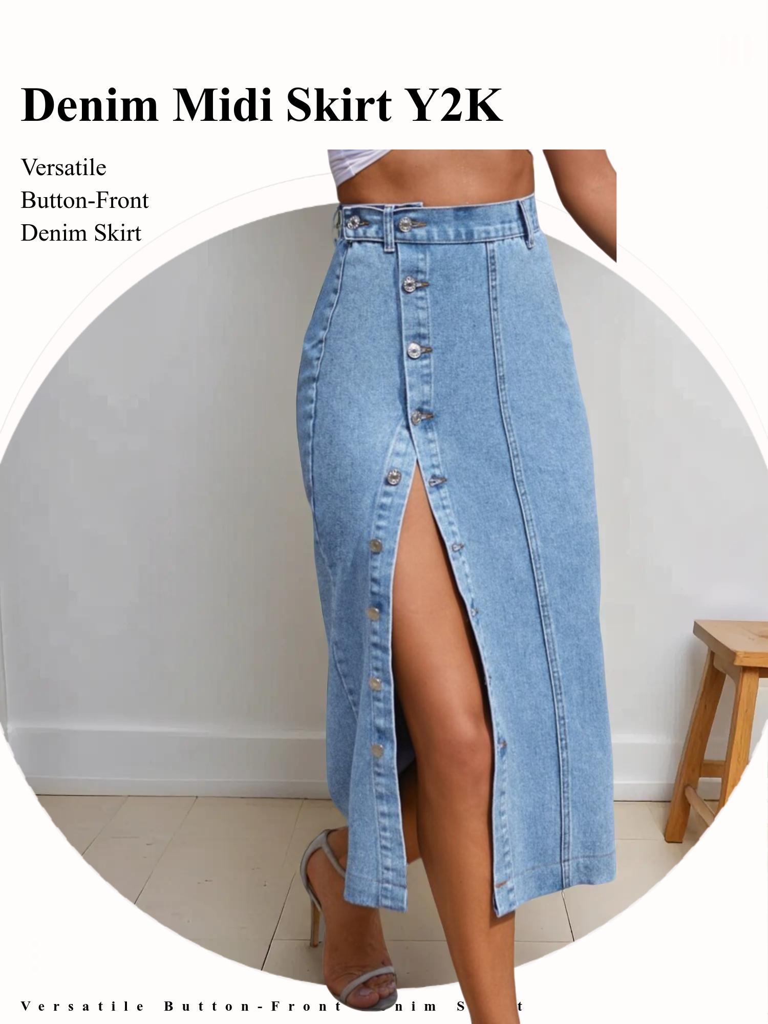 OBlue Jeans Women's  Button Front Light Wash Denim Split Hem Skirt, Casual Fashion Fitted Skirt for Daily Wear, Ladies Bottoms for All Seasons, Button Fly Skirt, T-Chic