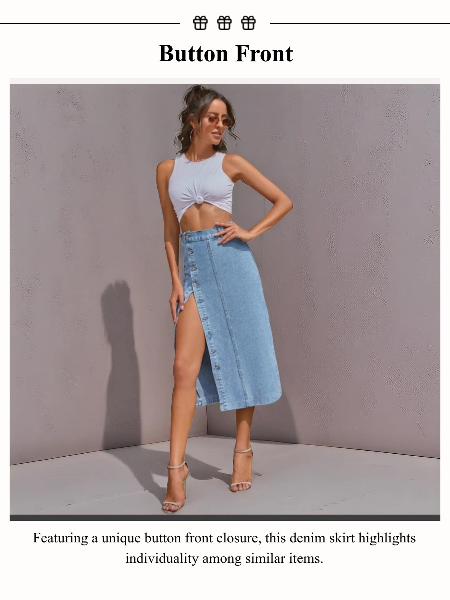 OBlue Jeans Women's  Button Front Light Wash Denim Split Hem Skirt, Casual Fashion Fitted Skirt for Daily Wear, Ladies Bottoms for All Seasons, Button Fly Skirt, T-Chic