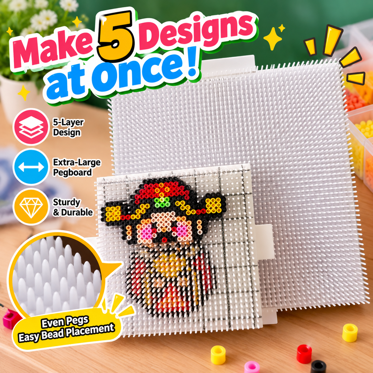 【Fuse Bead Pegboard】Extra-Long 5-Layer Bead Board, Anti-Stringing & Anti-Jamming 3D Bead Placement Tool for High-Volume Crafting