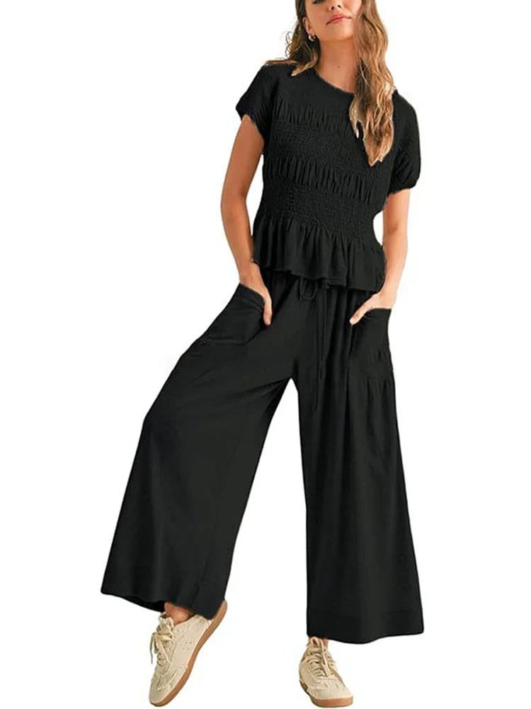 🍂Summer Sales 49% OFF🔥Chic Comfort Smocked Top & Wide-Leg Pants Set