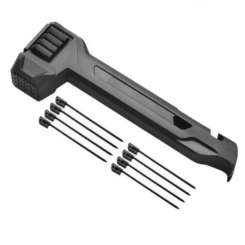 Multi-functional camping tools: tent hammer, set of 8 tent pegs, zipper opener, and key opener.