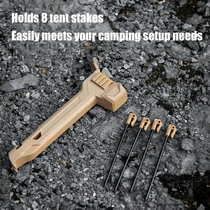 Multi-functional camping tools: tent hammer, set of 8 tent pegs, zipper opener, and key opener.
