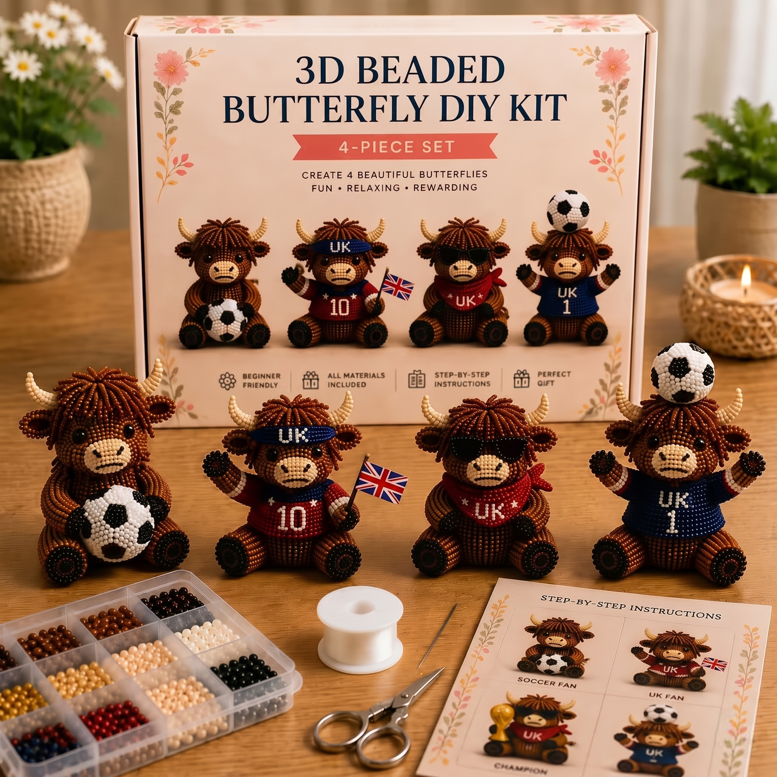 3D Highland Cow DIY Bead Kit – 8 Adorable Handmade Cow Designs Craft Set