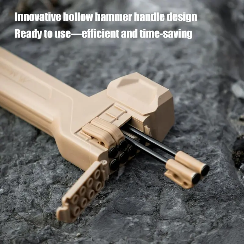 Multi-functional camping tools: tent hammer, set of 8 tent pegs, zipper opener, and key opener.