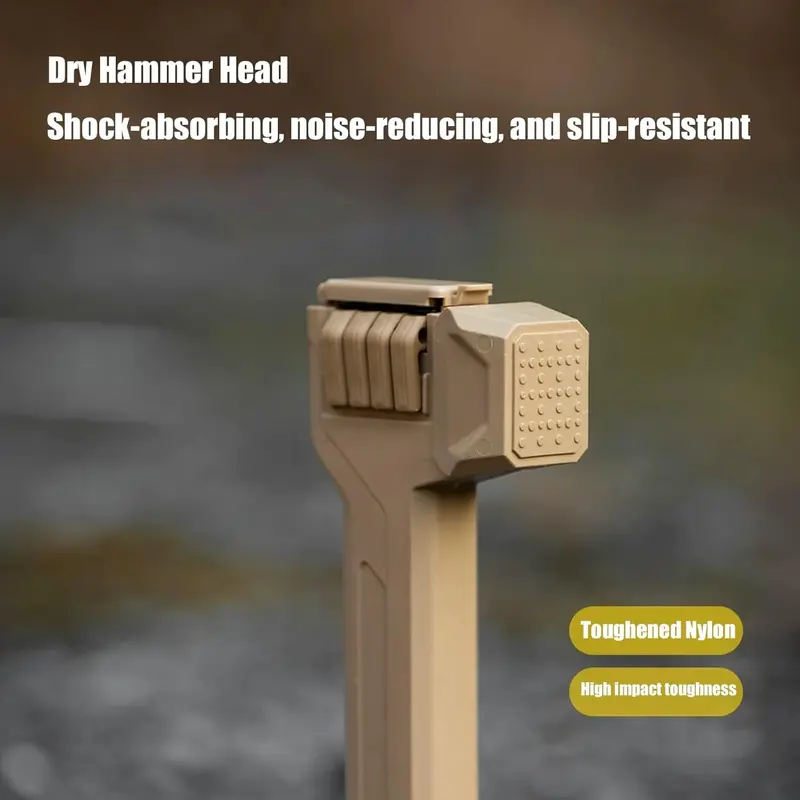 Multi-functional camping tools: tent hammer, set of 8 tent pegs, zipper opener, and key opener.
