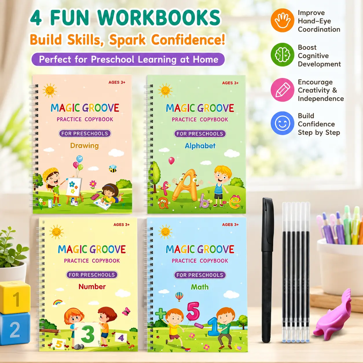 Four colorful reusable preschool practice workbooks with writing tools