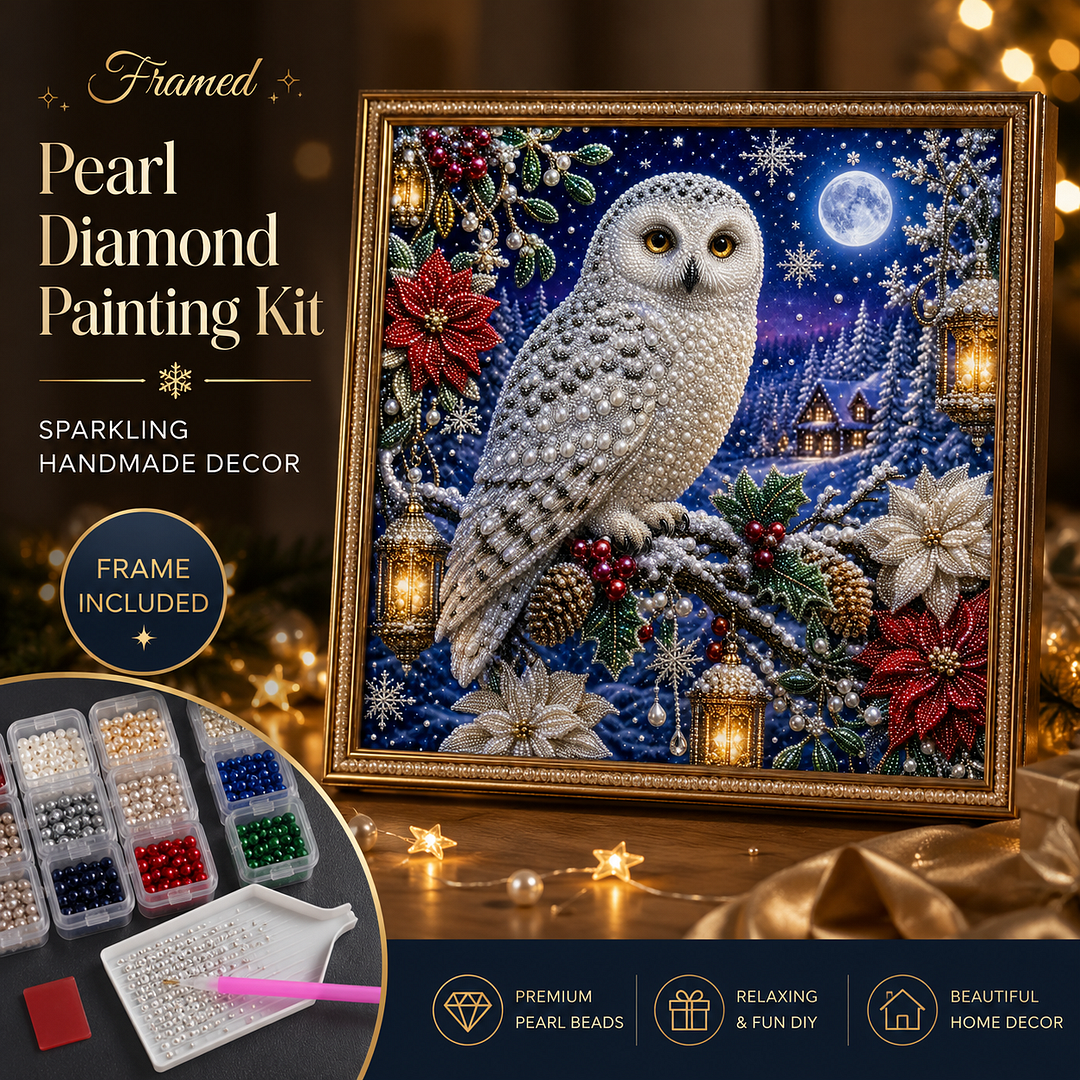Framed Snowy Owl - Pearls Painting Kit DIY Diamond Painting Pearl Dot Crafts 20x20CM