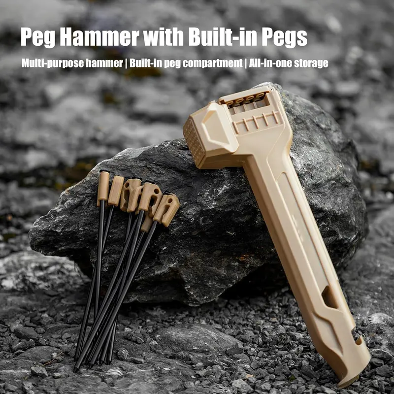 Multi-functional camping tools: tent hammer, set of 8 tent pegs, zipper opener, and key opener.
