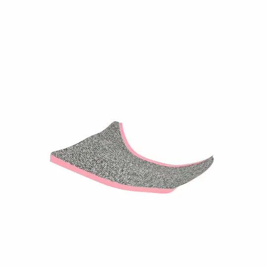 A flexible. grey cat scratcher with pink edges.