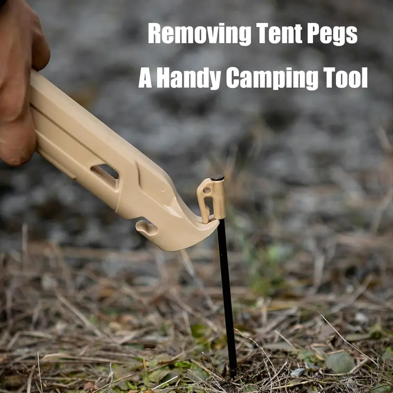 Multi-functional camping tools: tent hammer, set of 8 tent pegs, zipper opener, and key opener.