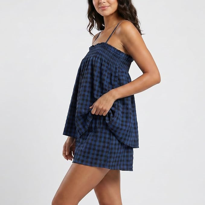 Aopwsrlyi Women Gingham Two Piece Set Ruffle Babydoll Tank Top and Matching Shorts Pajama Set Summer Lounge Outfit