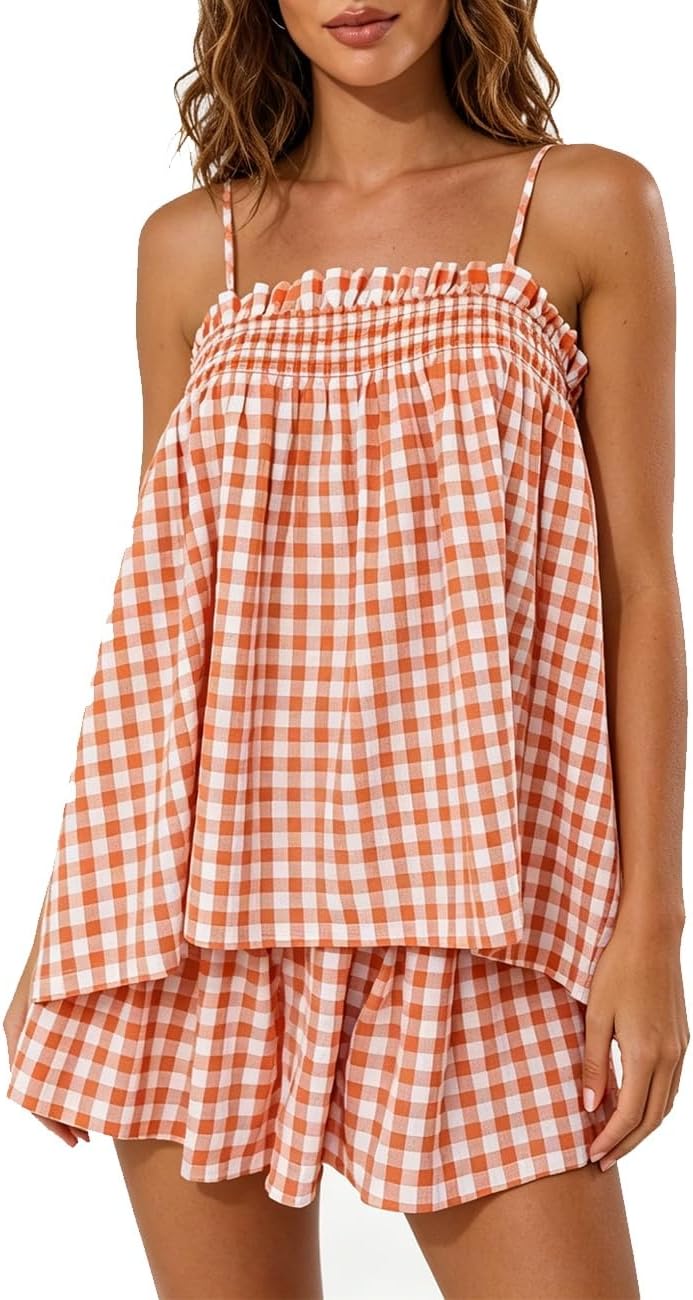 Aopwsrlyi Women Gingham Two Piece Set Ruffle Babydoll Tank Top and Matching Shorts Pajama Set Summer Lounge Outfit
