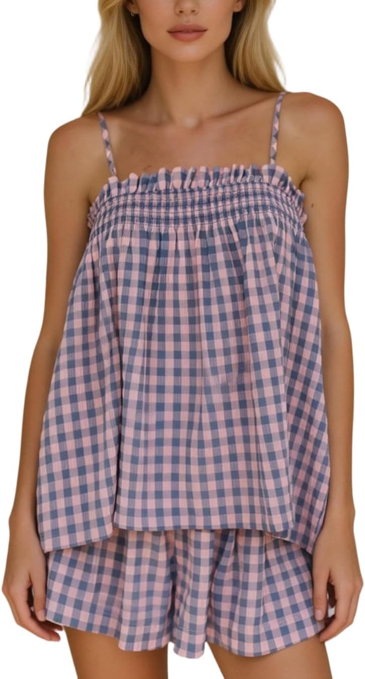 Aopwsrlyi Women Gingham Two Piece Set Ruffle Babydoll Tank Top and Matching Shorts Pajama Set Summer Lounge Outfit