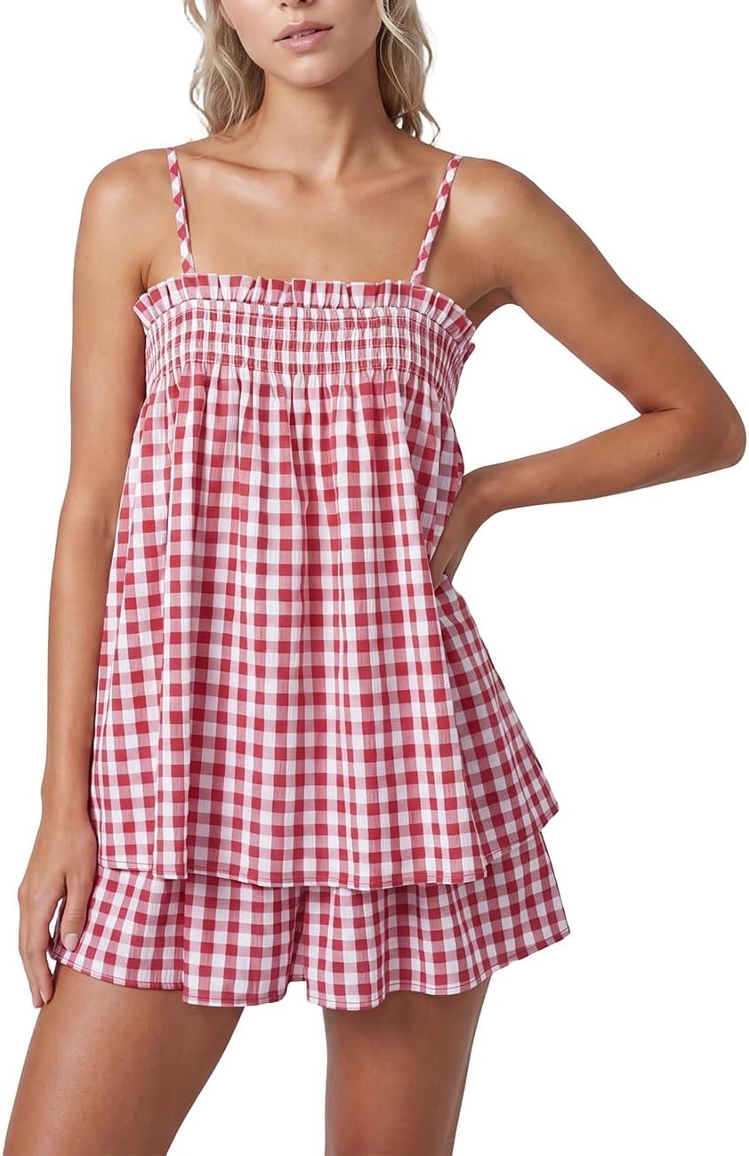 Aopwsrlyi Women Gingham Two Piece Set Ruffle Babydoll Tank Top and Matching Shorts Pajama Set Summer Lounge Outfit