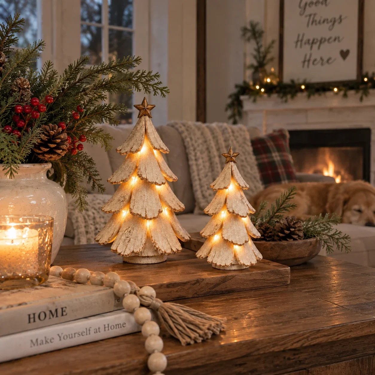 Large and small lighted Christmas trees styled together in a cozy home