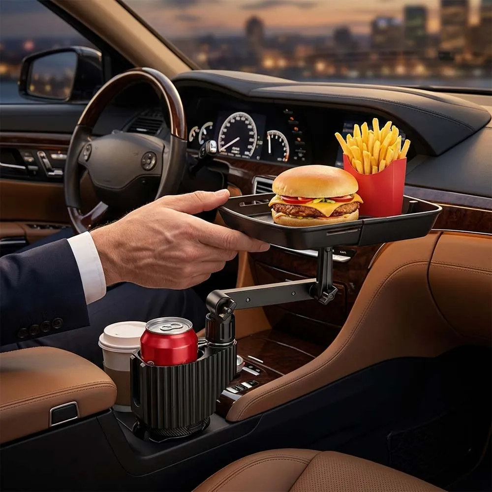 Car tray positioned in front of a seated user with space for a meal