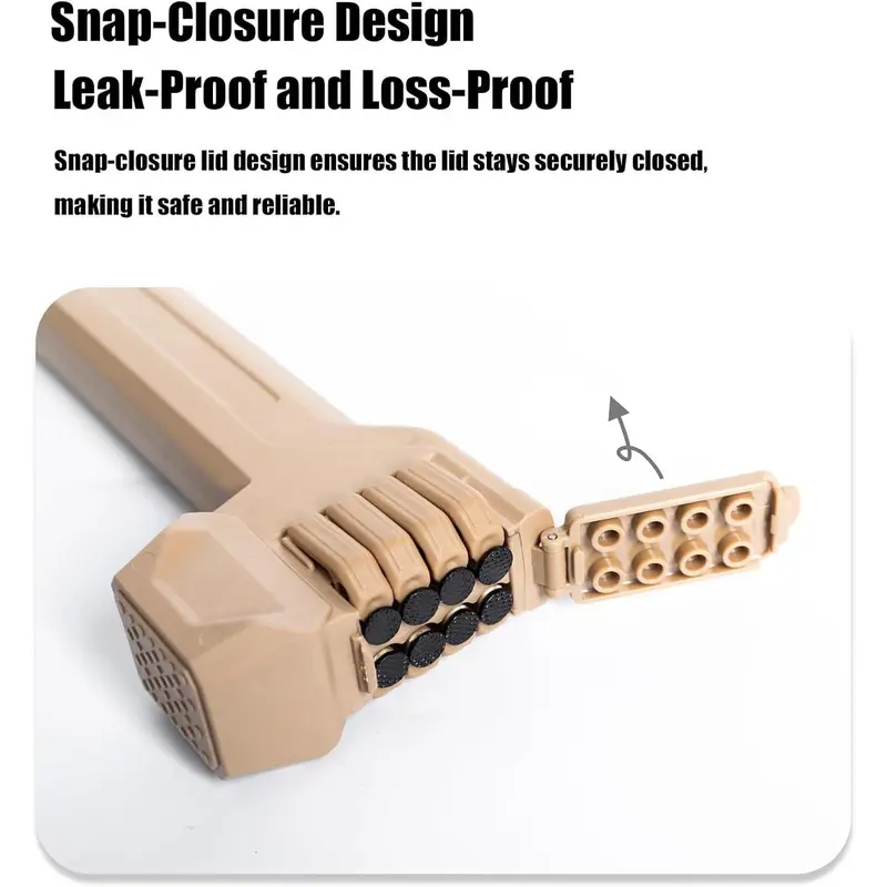 Multi-functional camping tools: tent hammer, set of 8 tent pegs, zipper opener, and key opener.