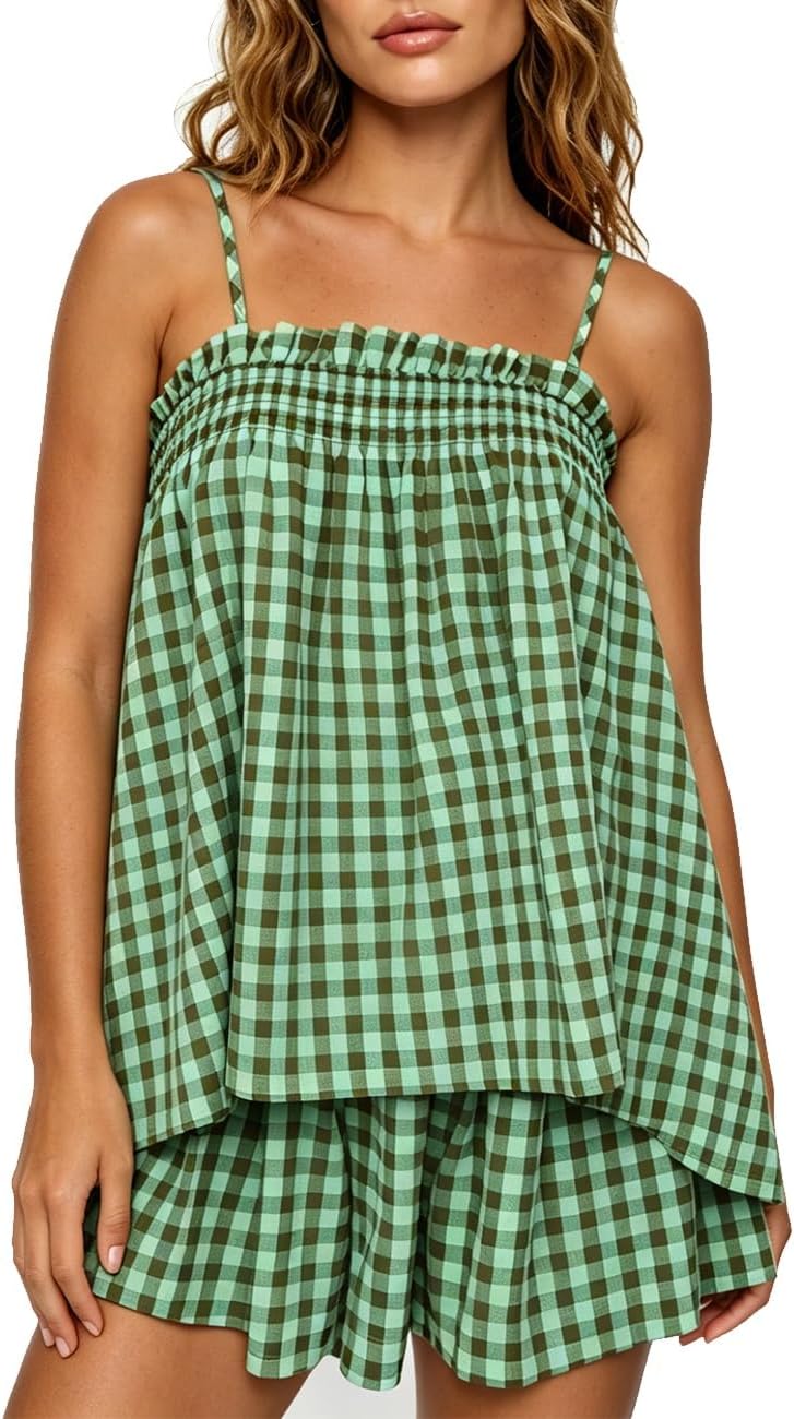 Aopwsrlyi Women Gingham Two Piece Set Ruffle Babydoll Tank Top and Matching Shorts Pajama Set Summer Lounge Outfit