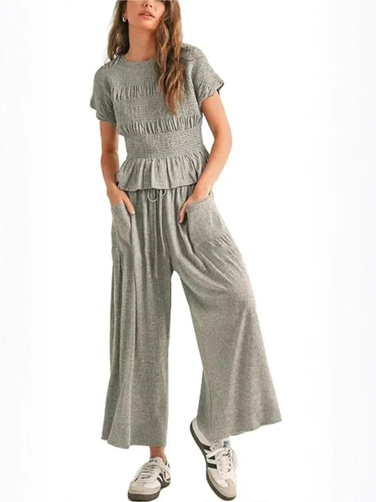 🍂Summer Sales 49% OFF🔥Chic Comfort Smocked Top & Wide-Leg Pants Set