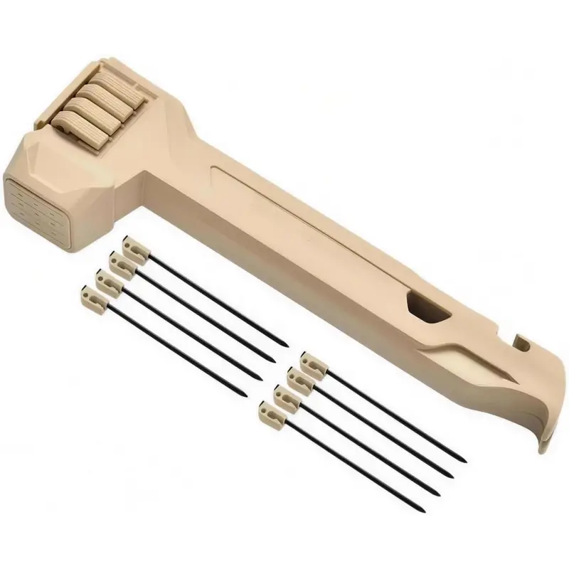 Multi-functional camping tools: tent hammer, set of 8 tent pegs, zipper opener, and key opener.