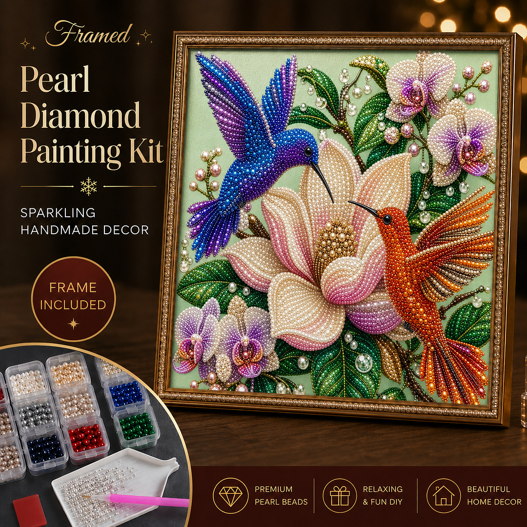 Framed Blue-Orange Hummingbird - Pearls Painting Kit DIY Diamond Painting Pearl Dot Crafts 20x20CM