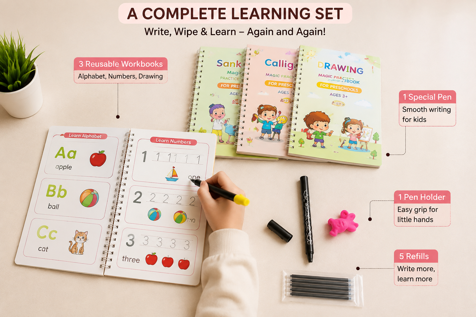 WriteMagic — Reusable Handwriting Practice Kit for Kids | 4 Books + Pen Set | Best Gift for Kids