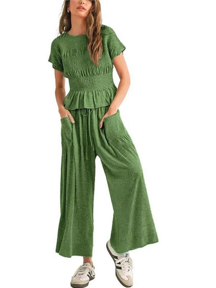 🍂Summer Sales 49% OFF🔥Chic Comfort Smocked Top & Wide-Leg Pants Set