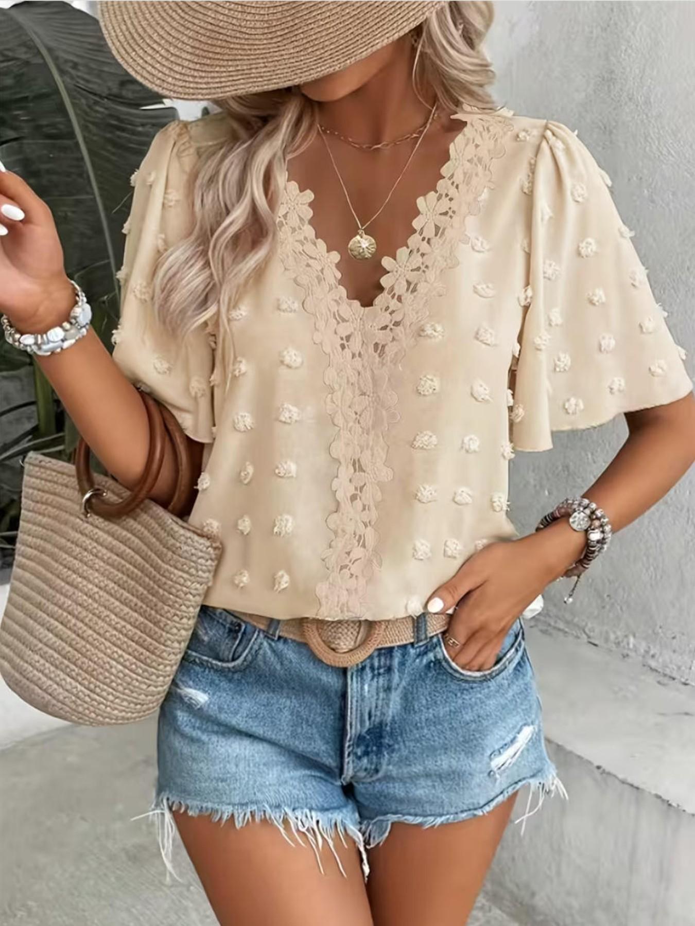Elegant Swiss Dot Lace Butterfly Sleeve Shirt. Long Sleeve Commuter Top. Loose Fit Casual Summer Blouse for Women Elegant Swiss Dot Lace Butterfly Sleeve Shirt. Long Sleeve Commuter Top. Loose Fit Casual Summer Blouse for Women