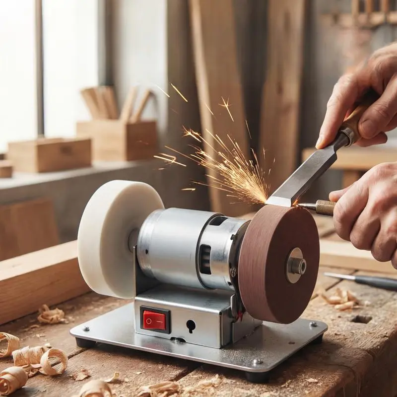 Grinding a small metal tool in a workshop