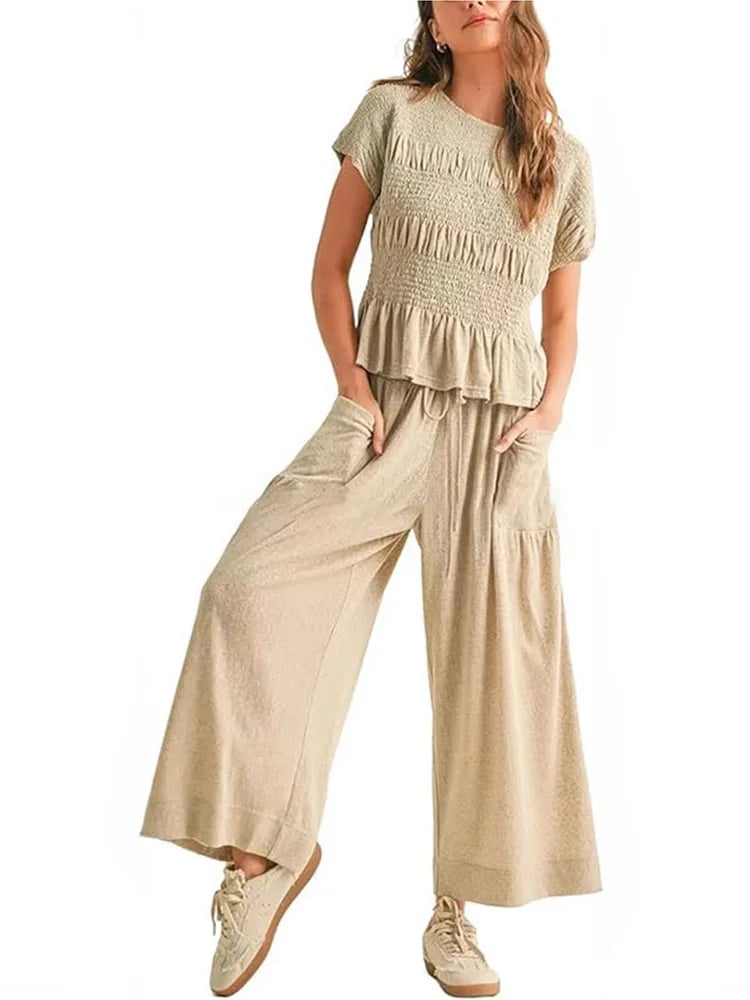 🍂Summer Sales 49% OFF🔥Chic Comfort Smocked Top & Wide-Leg Pants Set