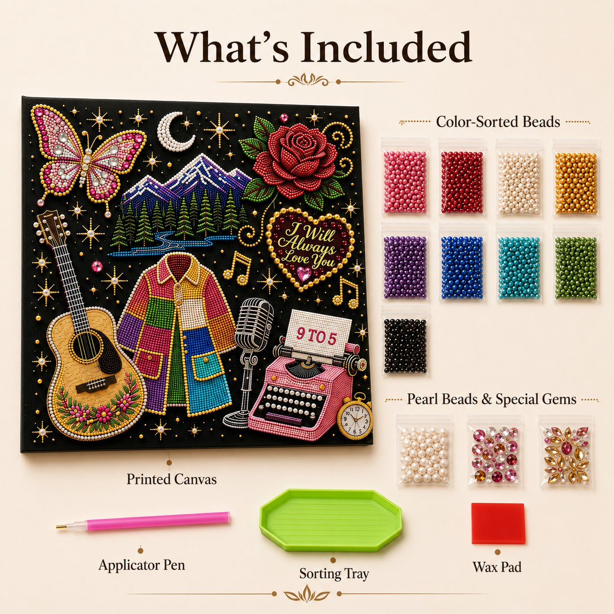 Printed canvas, color-sorted beads, applicator pen, sorting tray, and wax pad