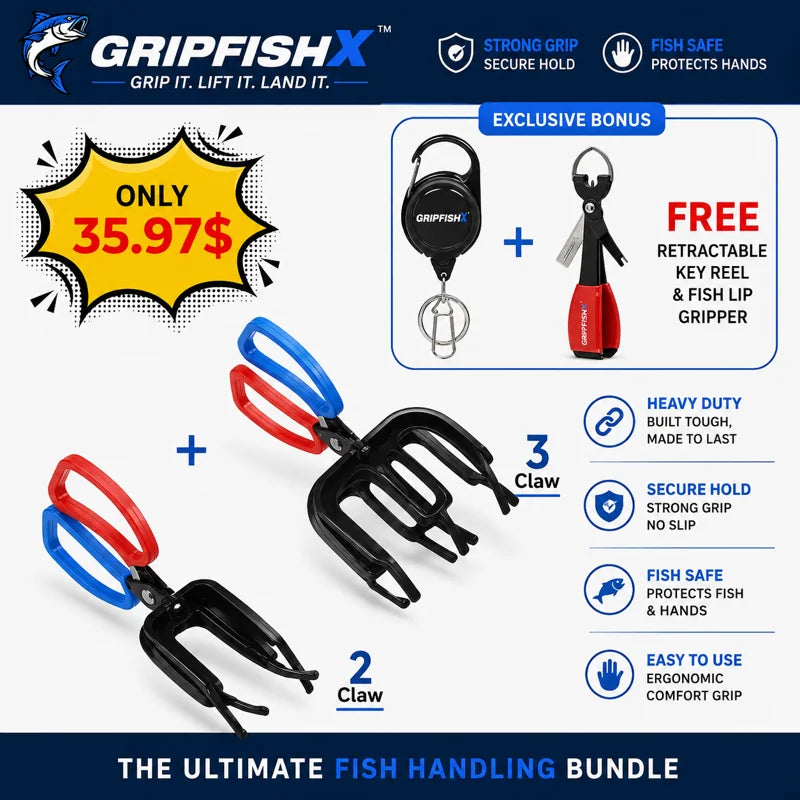 Hands-Free Metal Fish Gripper - Large/Small Size 21cm(8.3") with Built-in Cutter | Non-Slip Handle, No-Touch Catch & Release