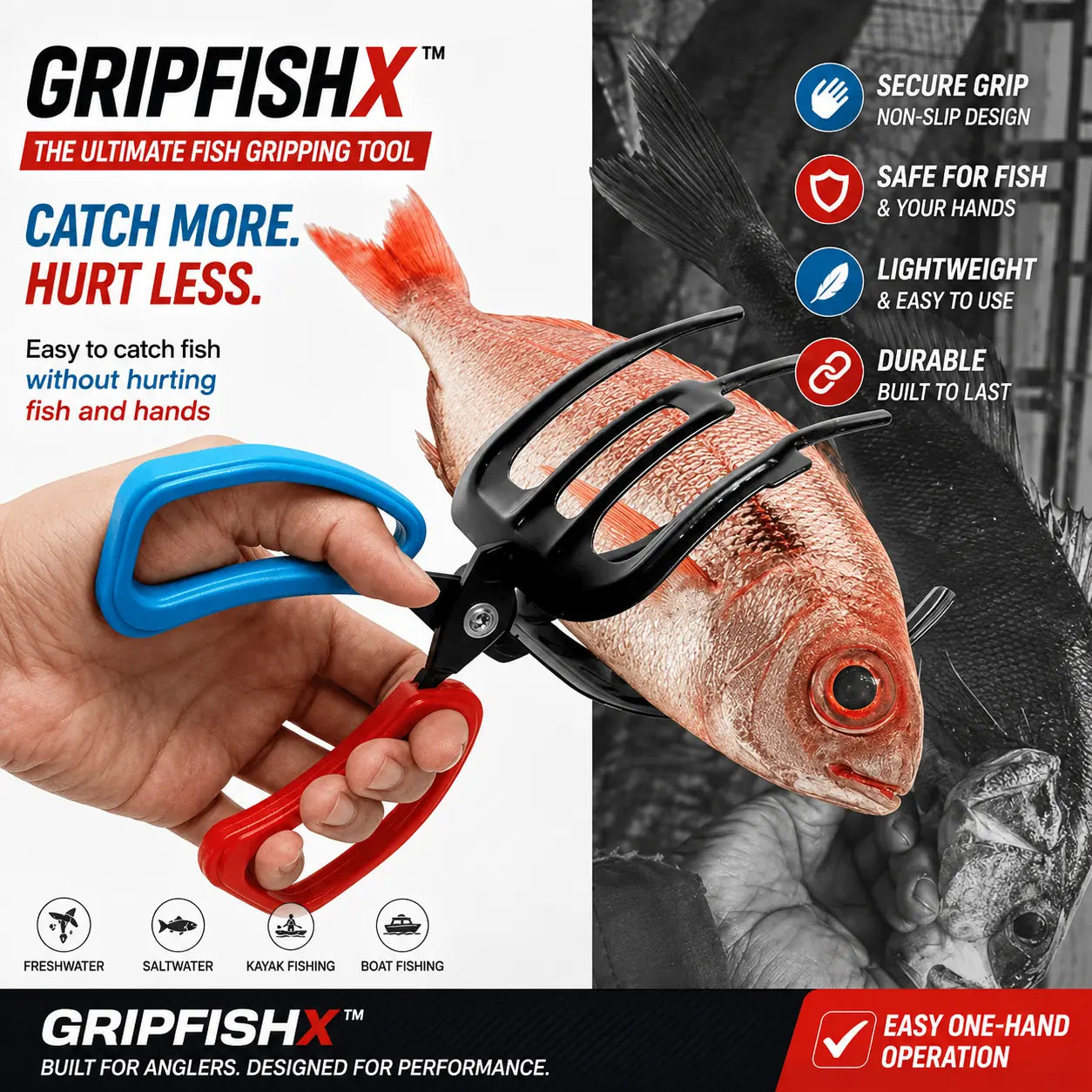 Hands-Free Metal Fish Gripper - Large/Small Size 21cm(8.3") with Built-in Cutter | Non-Slip Handle, No-Touch Catch & Release