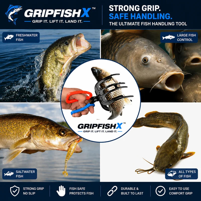 Hands-Free Metal Fish Gripper - Large/Small Size 21cm(8.3") with Built-in Cutter | Non-Slip Handle, No-Touch Catch & Release