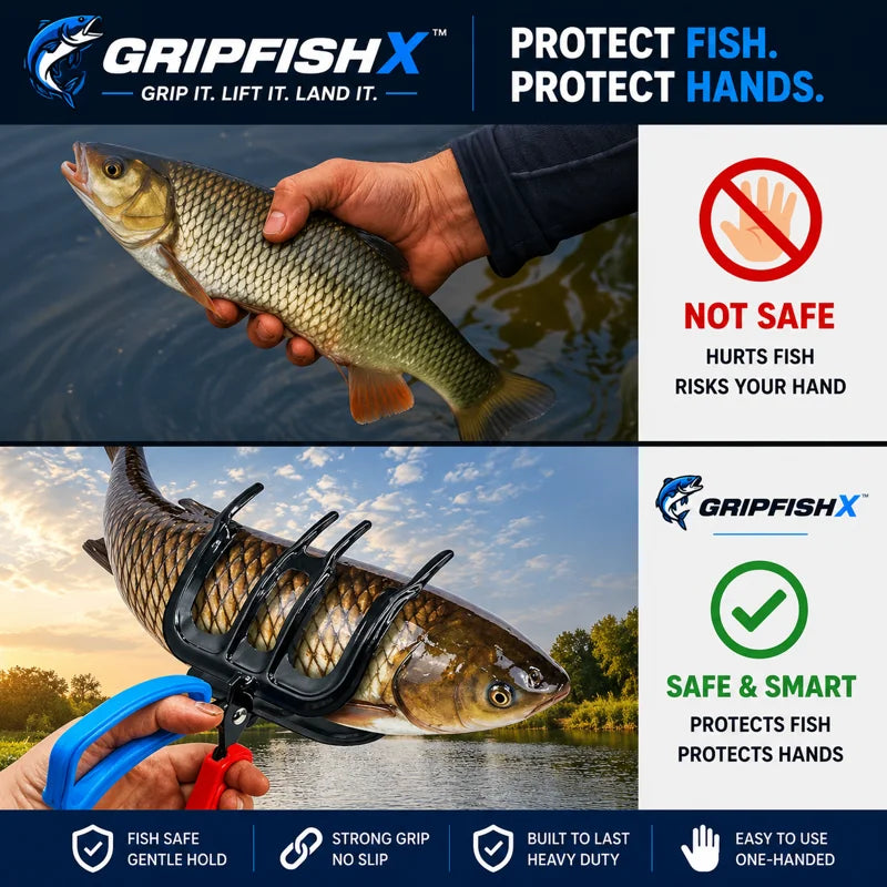 Hands-Free Metal Fish Gripper - Large/Small Size 21cm(8.3") with Built-in Cutter | Non-Slip Handle, No-Touch Catch & Release