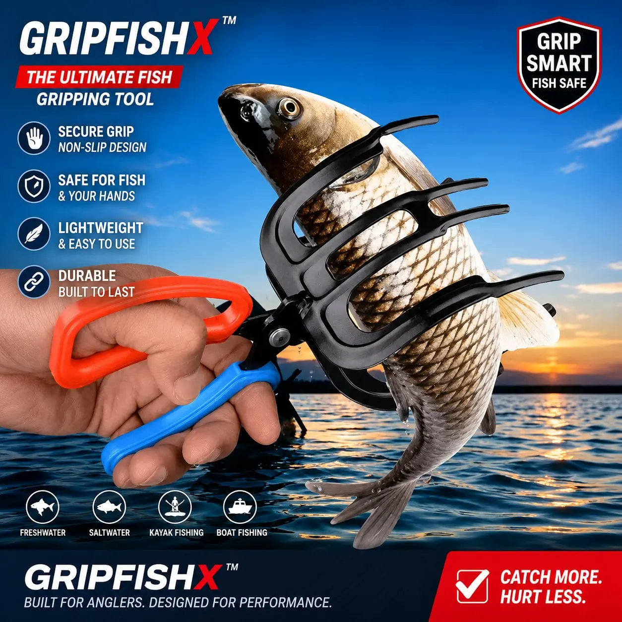 Hands-Free Metal Fish Gripper - Large/Small Size 21cm(8.3") with Built-in Cutter | Non-Slip Handle, No-Touch Catch & Release