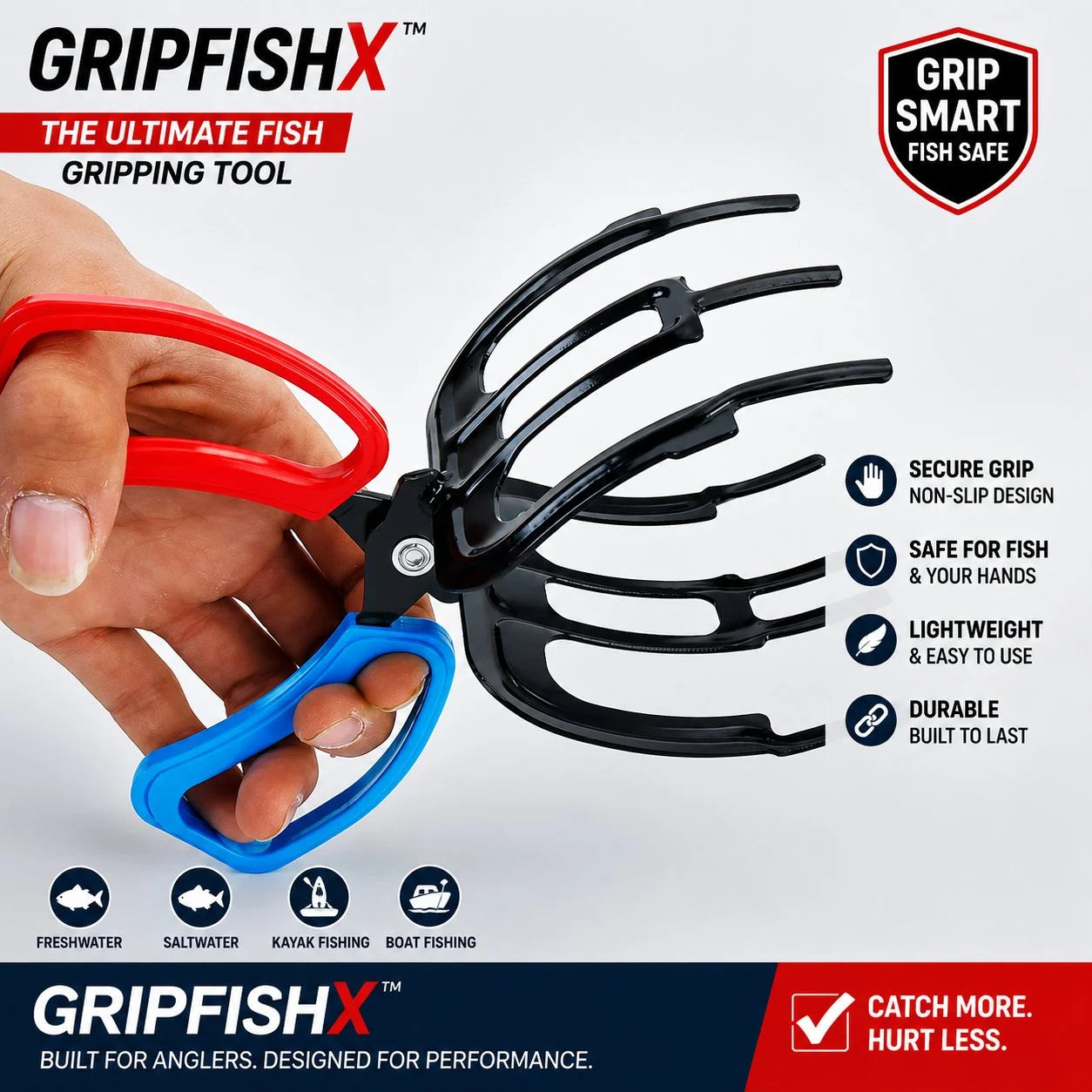 Hands-Free Metal Fish Gripper - Large/Small Size 21cm(8.3") with Built-in Cutter | Non-Slip Handle, No-Touch Catch & Release