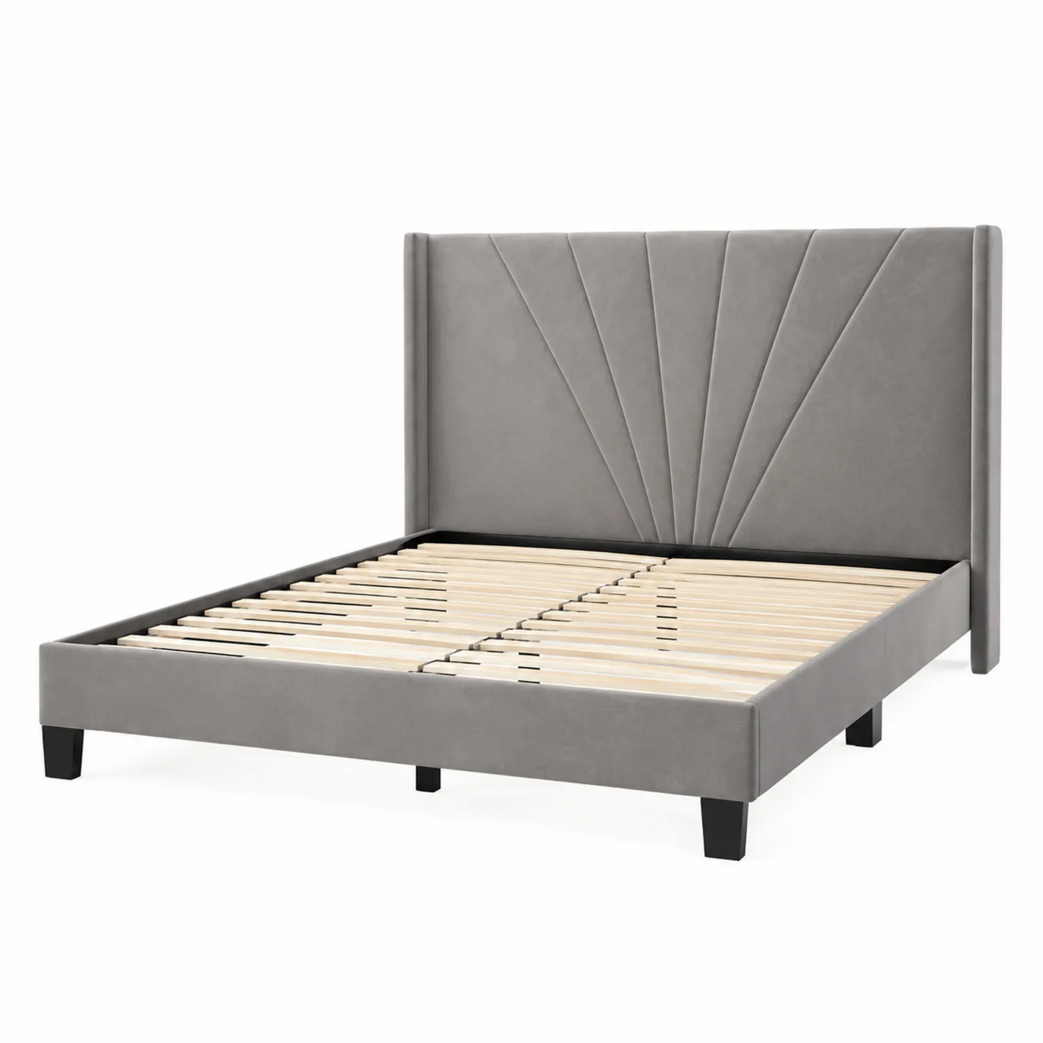 Letto matrimoniale in tessuto grigio con testiera alta