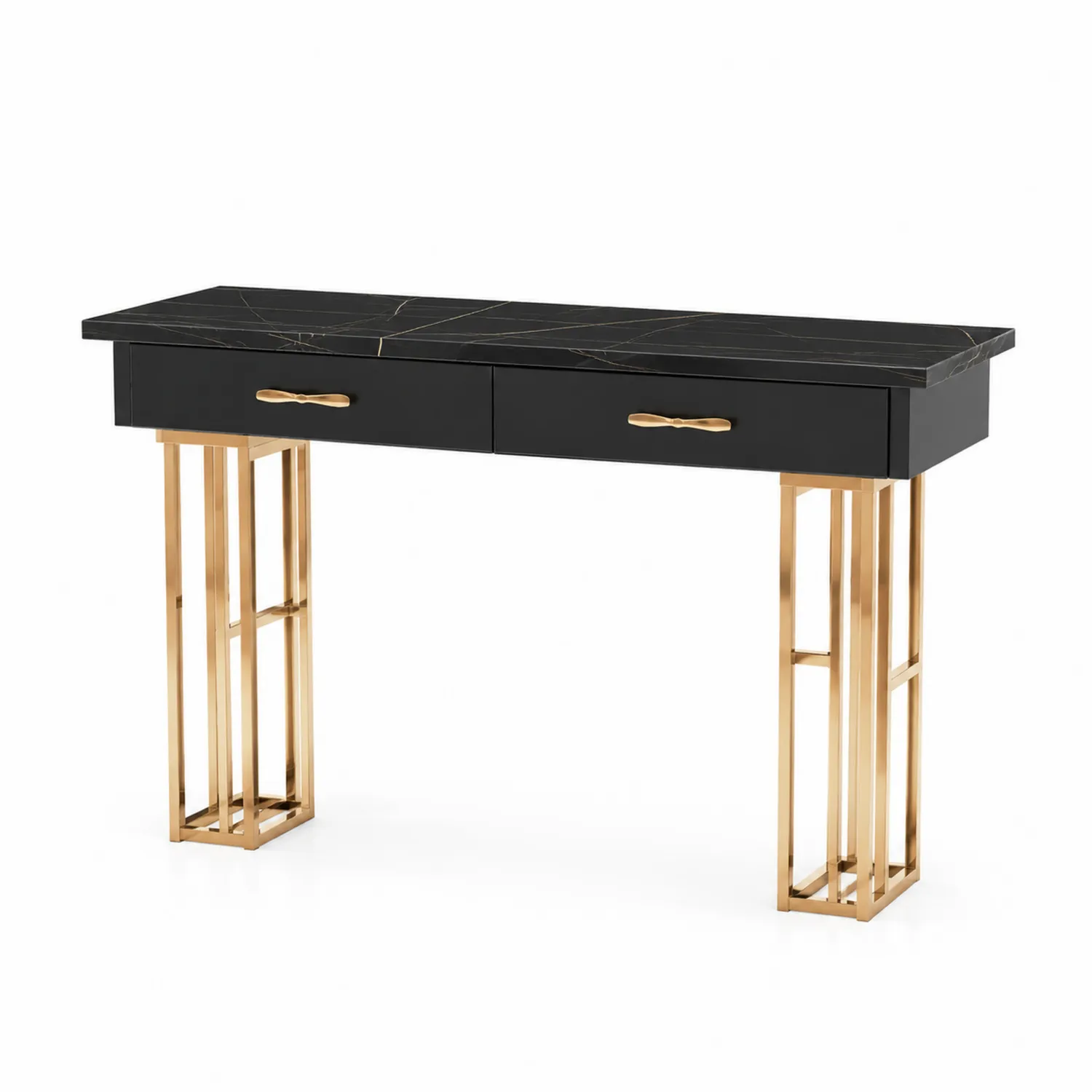 Consolle in MDF Nero con Gambe in Metallo Dorato e Due Cassetti