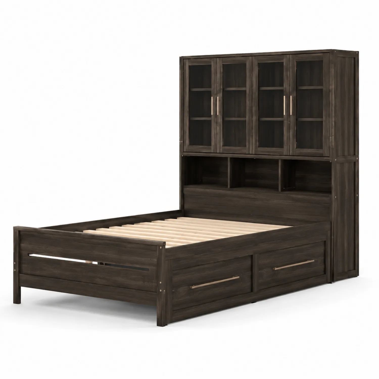 Letto contenitore in legno massello e vetro temperato Marrone