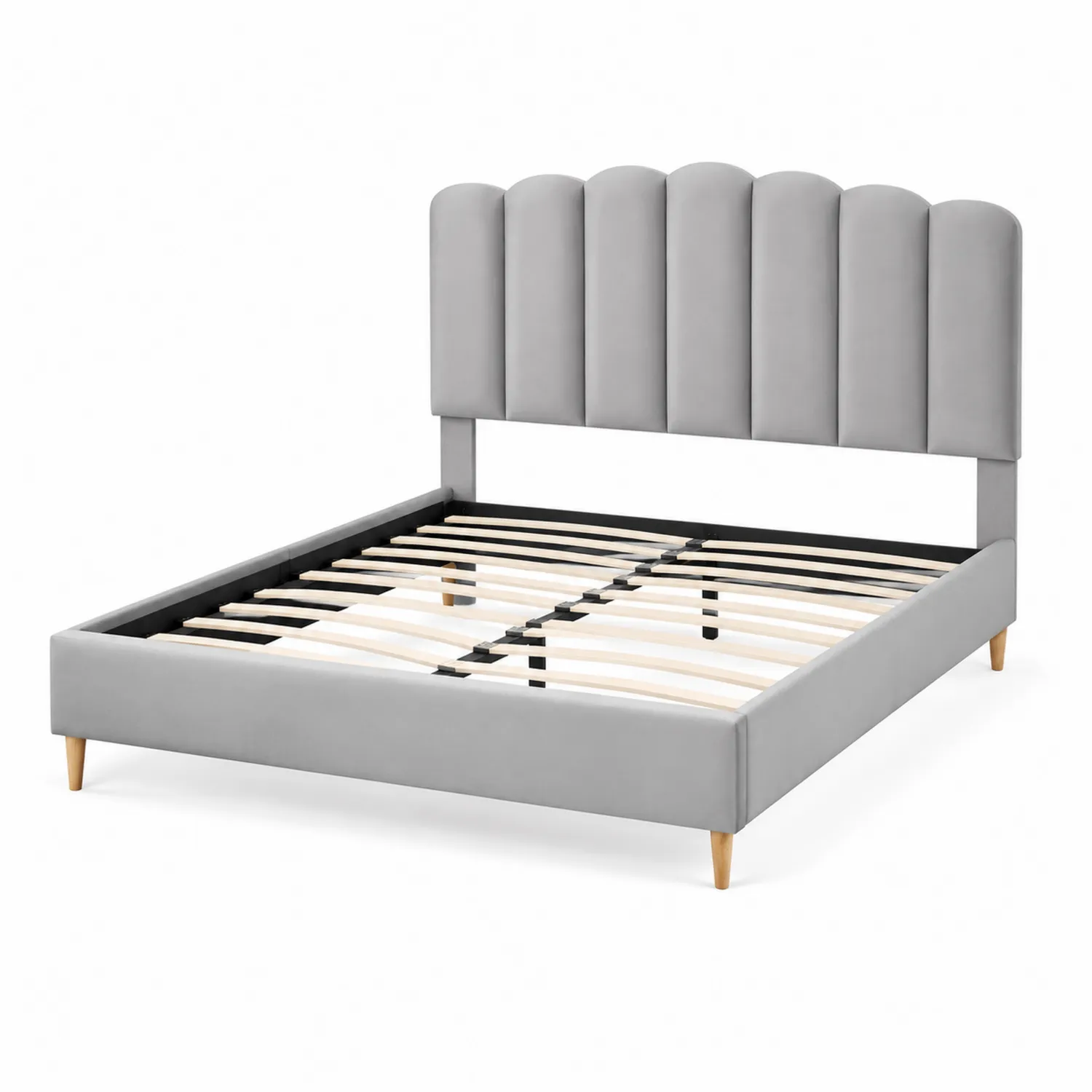 Letto matrimoniale imbottito in tessuto grigio con testiera sagomata